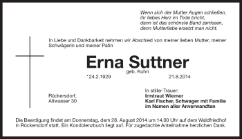 Traueranzeige von Erna Suttner von Pegnitz-Zeitung
